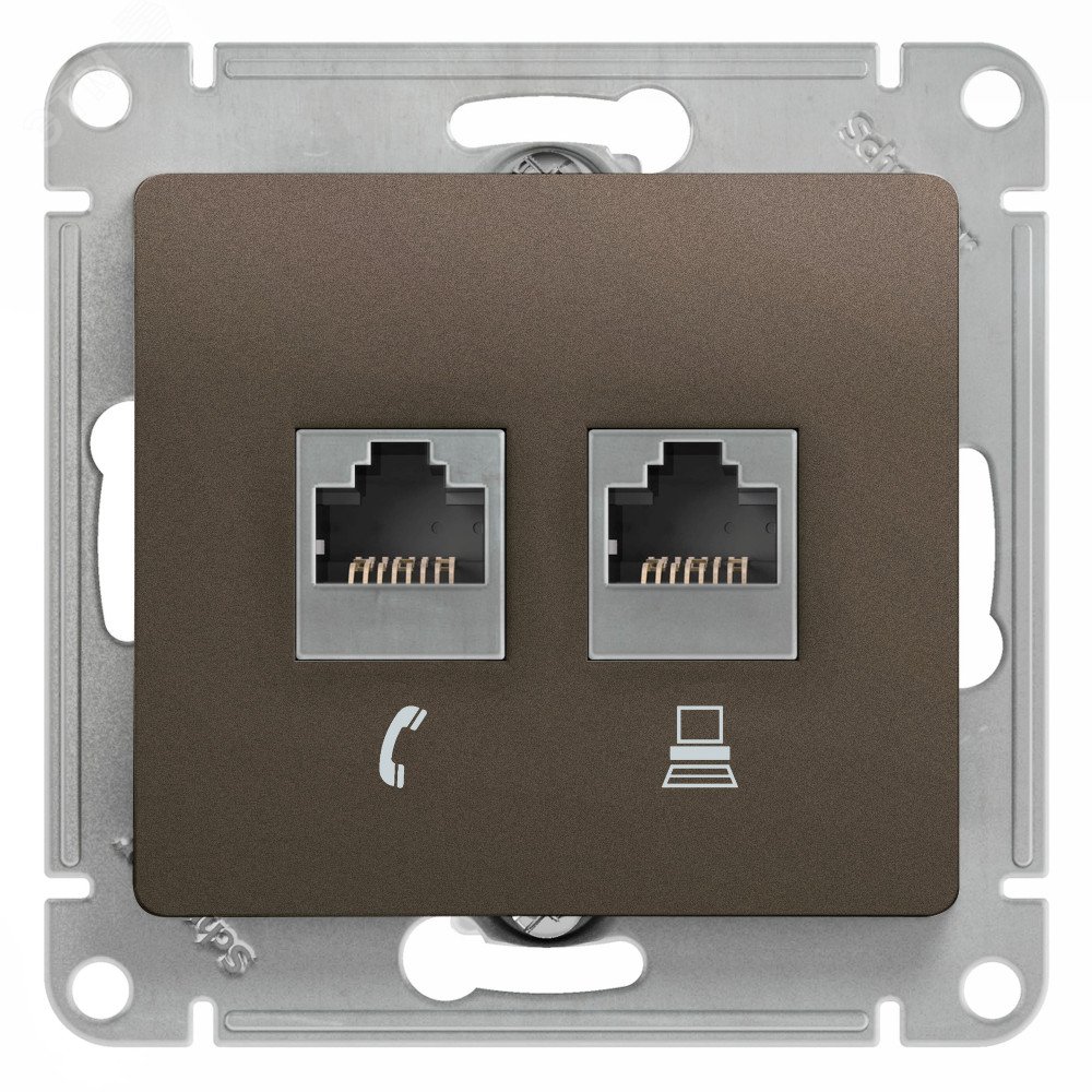 GLOSSA Розетка двойная RJ11+RJ45 категория 5E шоколад в рамку GSL000885 - Systeme Electric