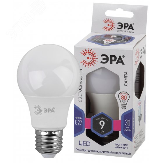 Лампа светодиодная LED A60-9W-860-E27 A60 9Вт груша E27 холод. бел. Б0032248 - Эра