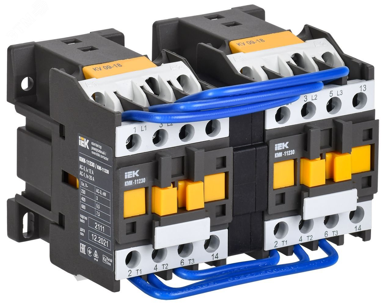Контактор КМИ-11230 реверс 12А 400В/АС3 2НО KKM13-012-400-20-1 - IEK