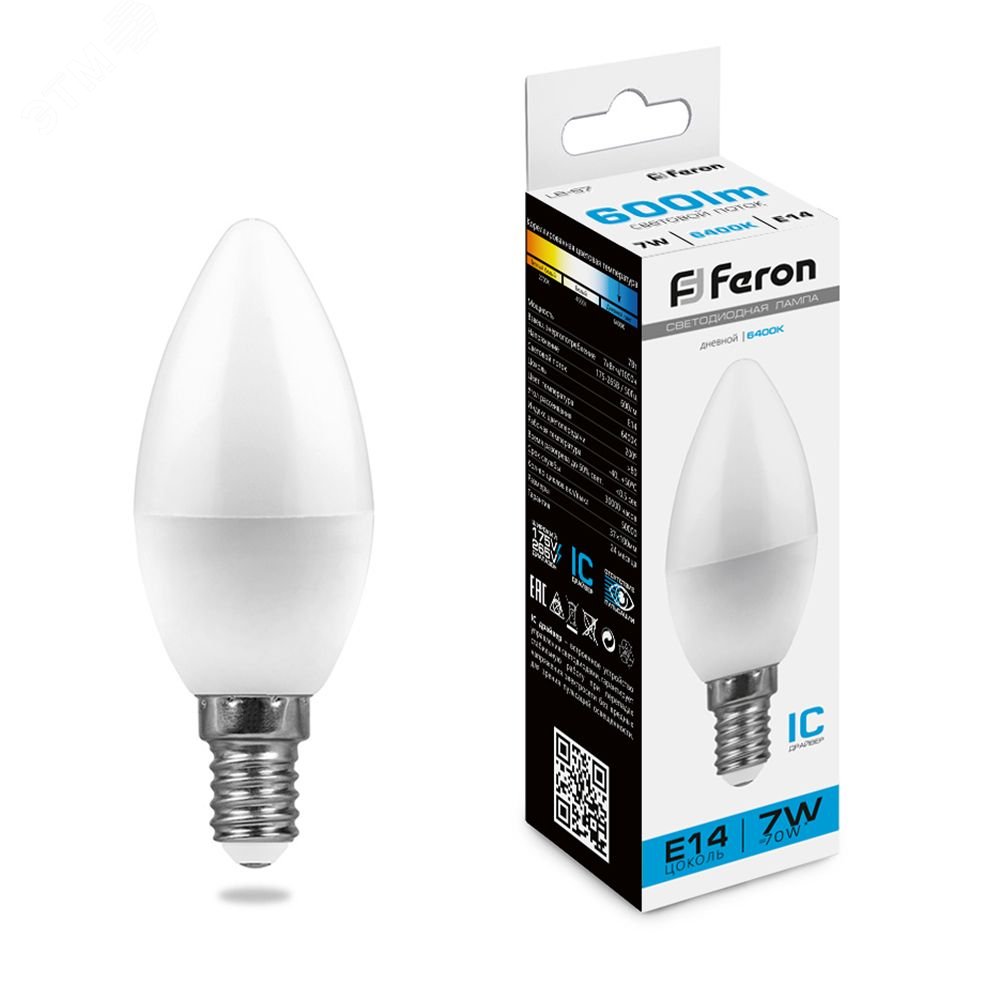 Лампа светодиодная LED 7вт E14 дневной матовая свеча 25477 - Feron