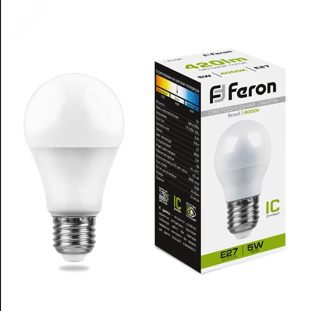 Лампа светодиодная LED 5вт Е27 белый шар 25405 - Feron