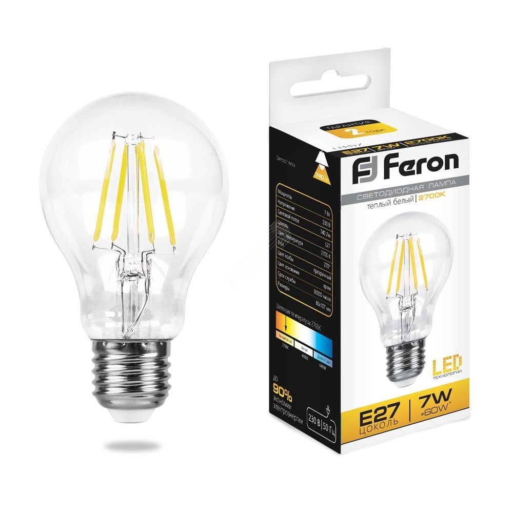 Лампа светодиодная LED 7вт Е27 теплый FILAMENT 25569 - Feron