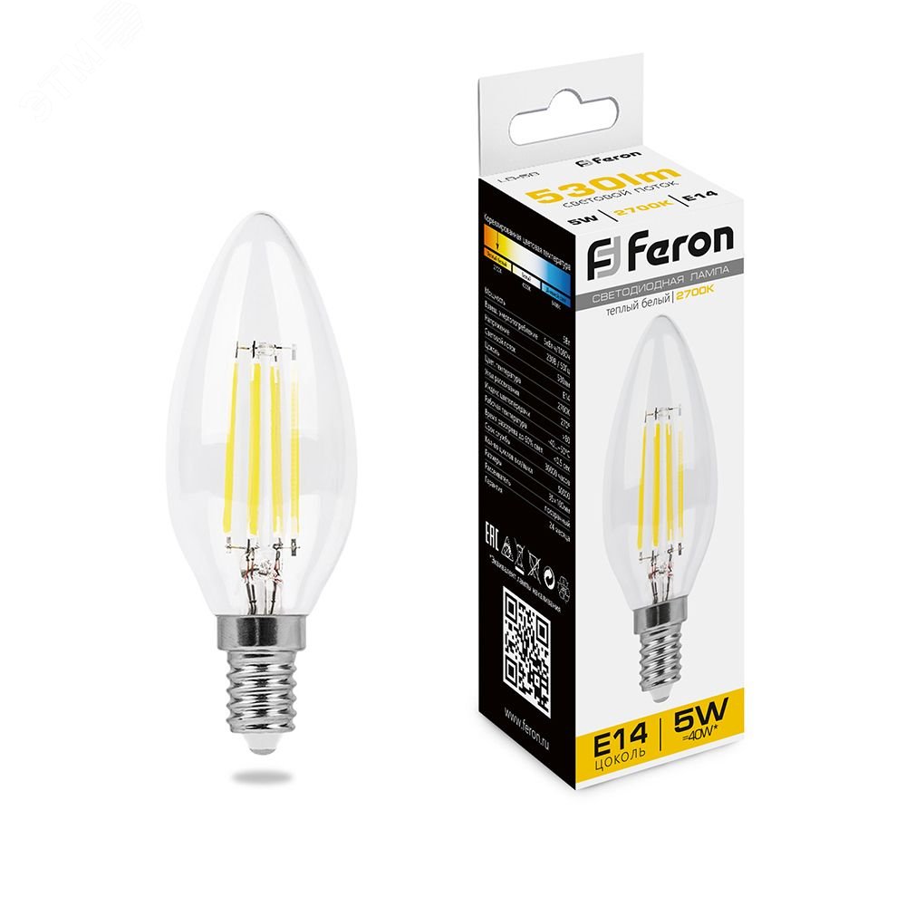 Лампа светодиодная LED 5вт Е14 теплый свеча FILAMENT 25572 - Feron