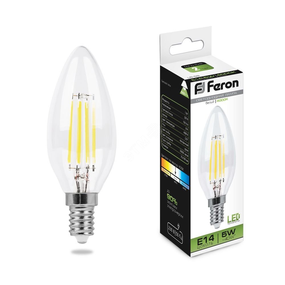 Лампа светодиодная LED 5вт Е14 белый свеча FILAMENT 25573 - Feron