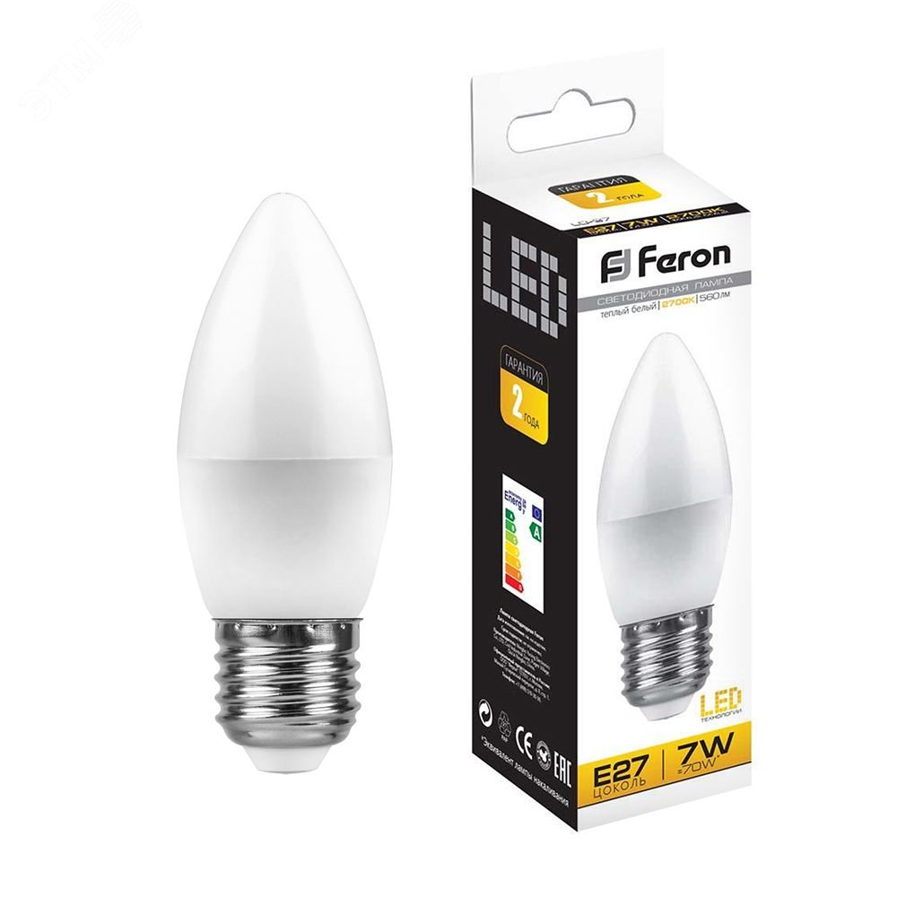 Лампа светодиодная LED 7вт E27 теплый матовая свеча 25758 - Feron