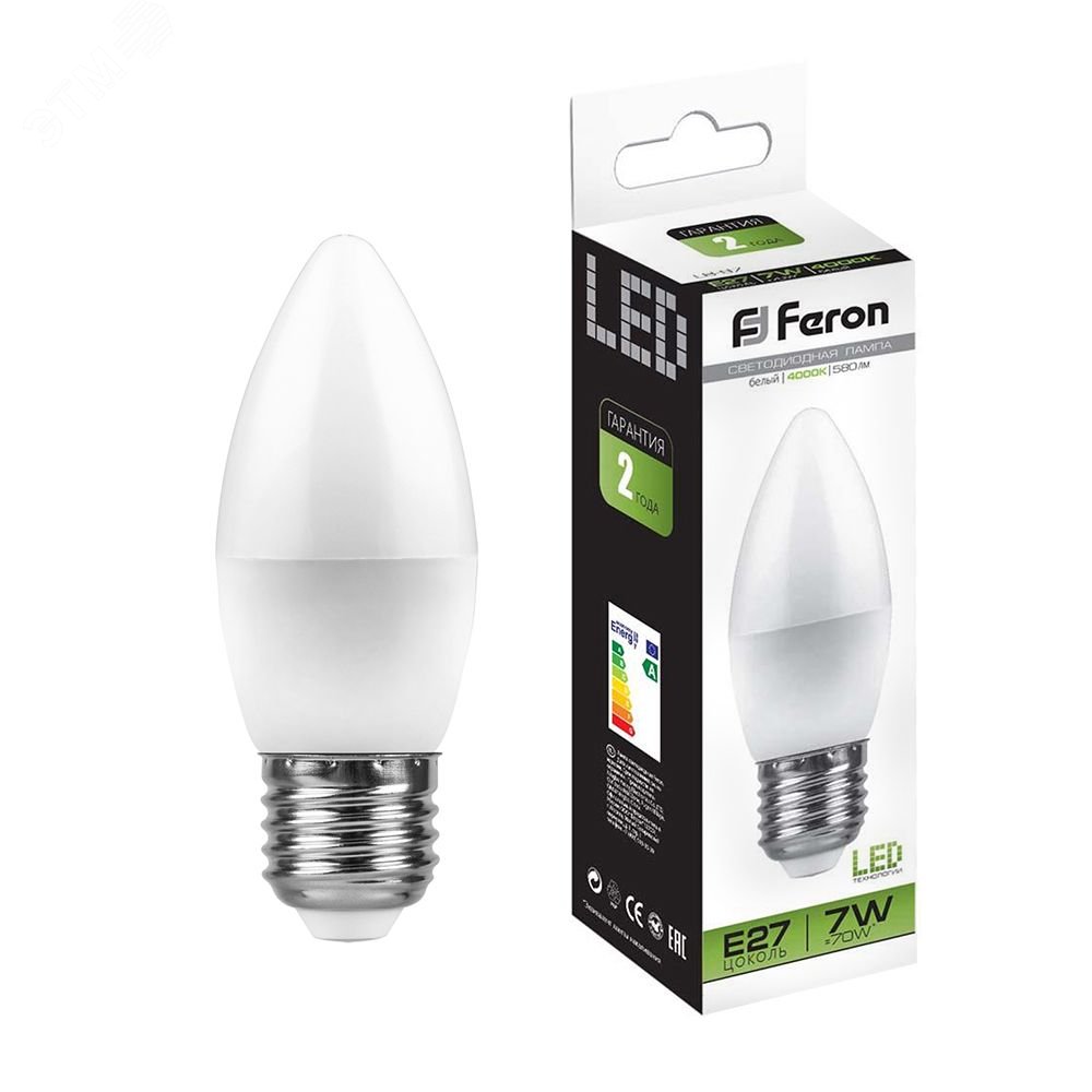Лампа светодиодная LED 7вт Е27 белый матовая свеча 25759 - Feron