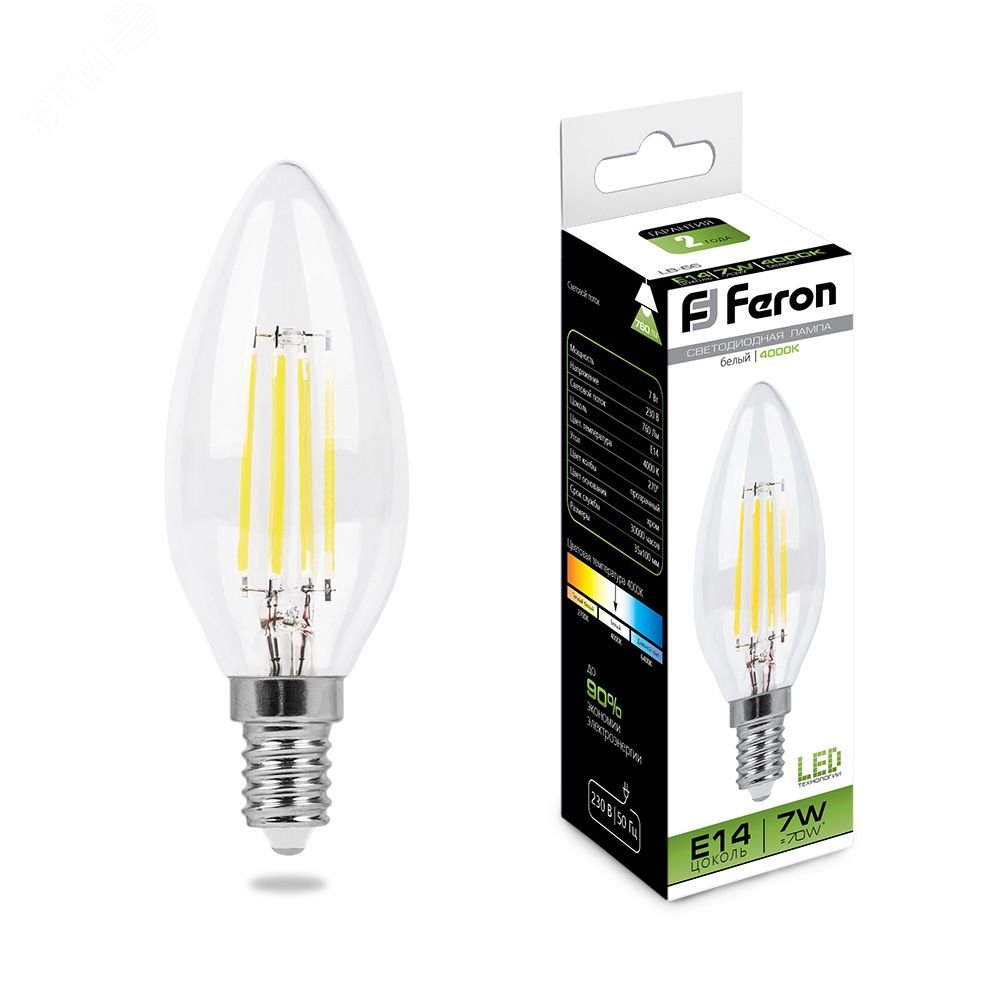 Лампа светодиодная LED 7вт Е14 белый свеча FILAMENT 25780 - Feron