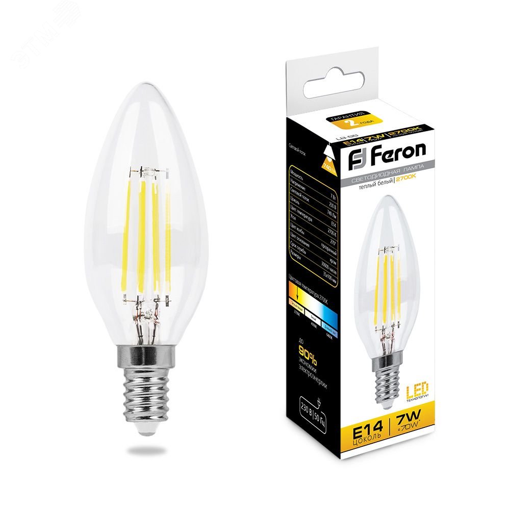 Лампа светодиодная LED 7вт Е14 теплый свеча FILAMENT 25726 - Feron