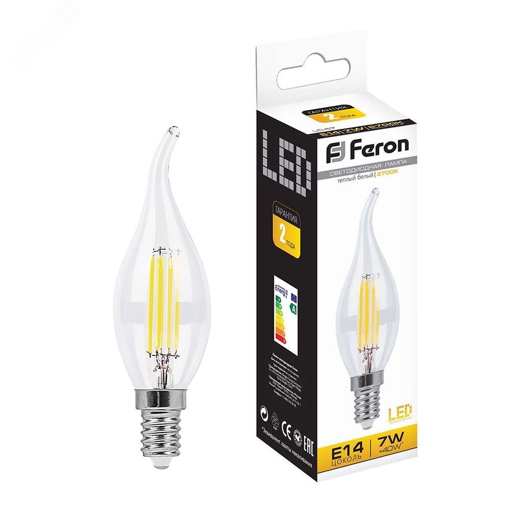 Лампа светодиодная LED 7вт Е14 теплый свеча на ветру FILAMENT 25727 - Feron