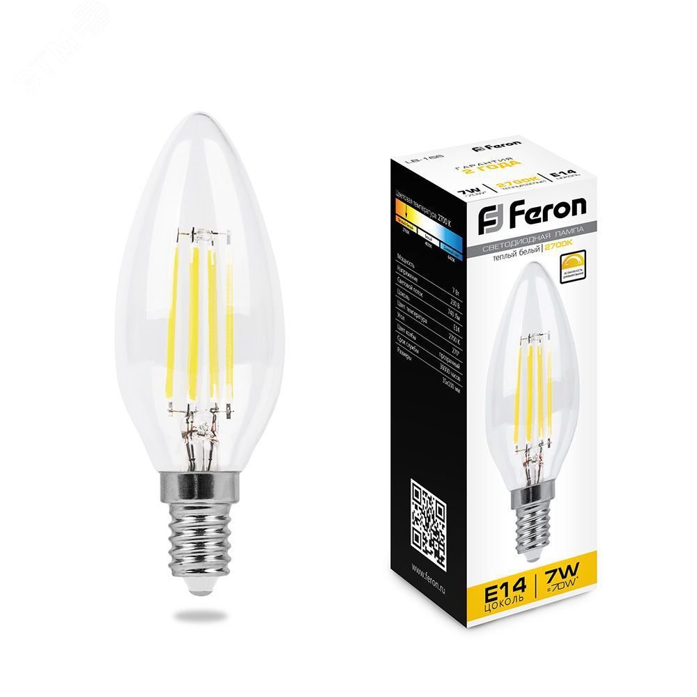 Лампа светодиодная LED 7вт Е14 теплый свеча FILAMENT диммируемая 25870 - Feron