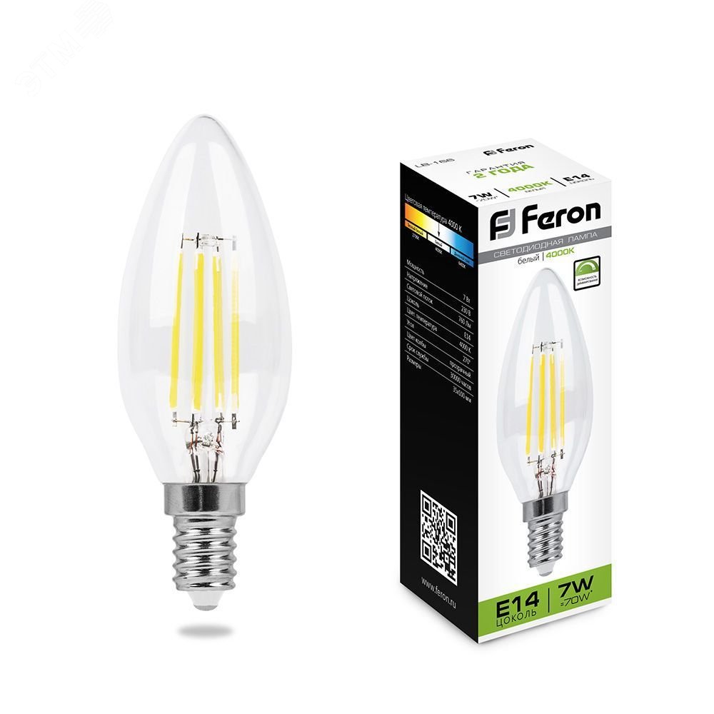 Лампа светодиодная LED 7вт Е14 белый свеча FILAMENT диммируемая 25871 - Feron