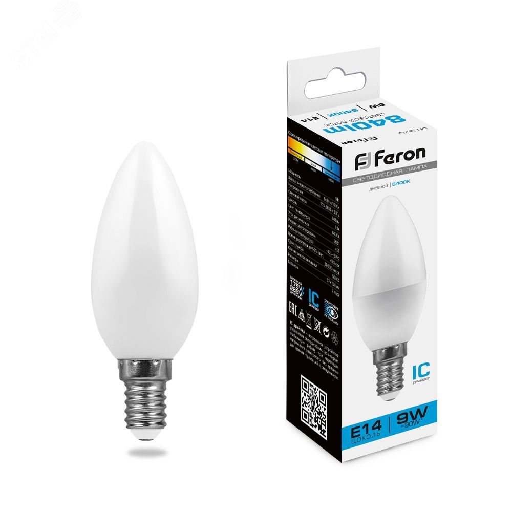 Лампа светодиодная LED 9вт Е14 дневной матовая свеча 25800 - Feron