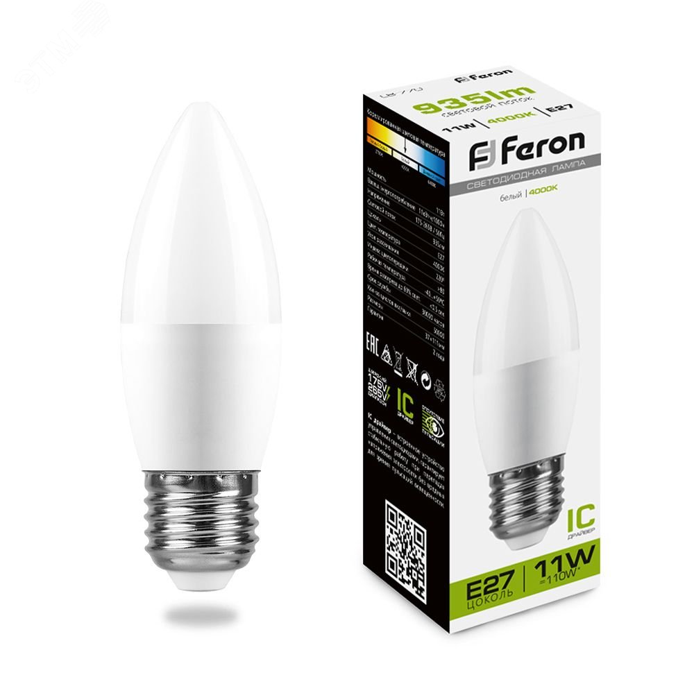Лампа светодиодная LED 11вт Е27 белый матовая свеча 25944 - Feron