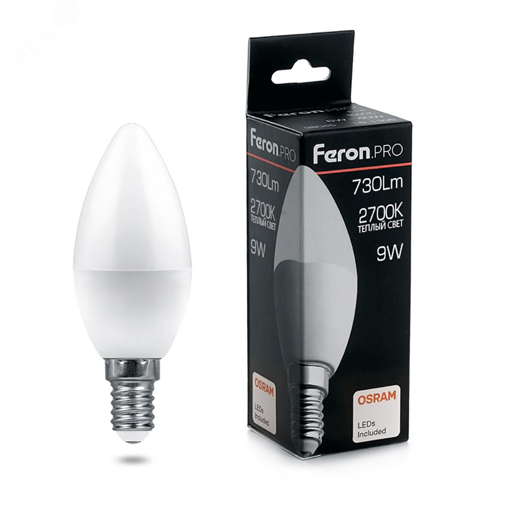 Лампа светодиодная LED 9вт Е14 теплый матовая свеча Feron.PRO 38059 - Feron