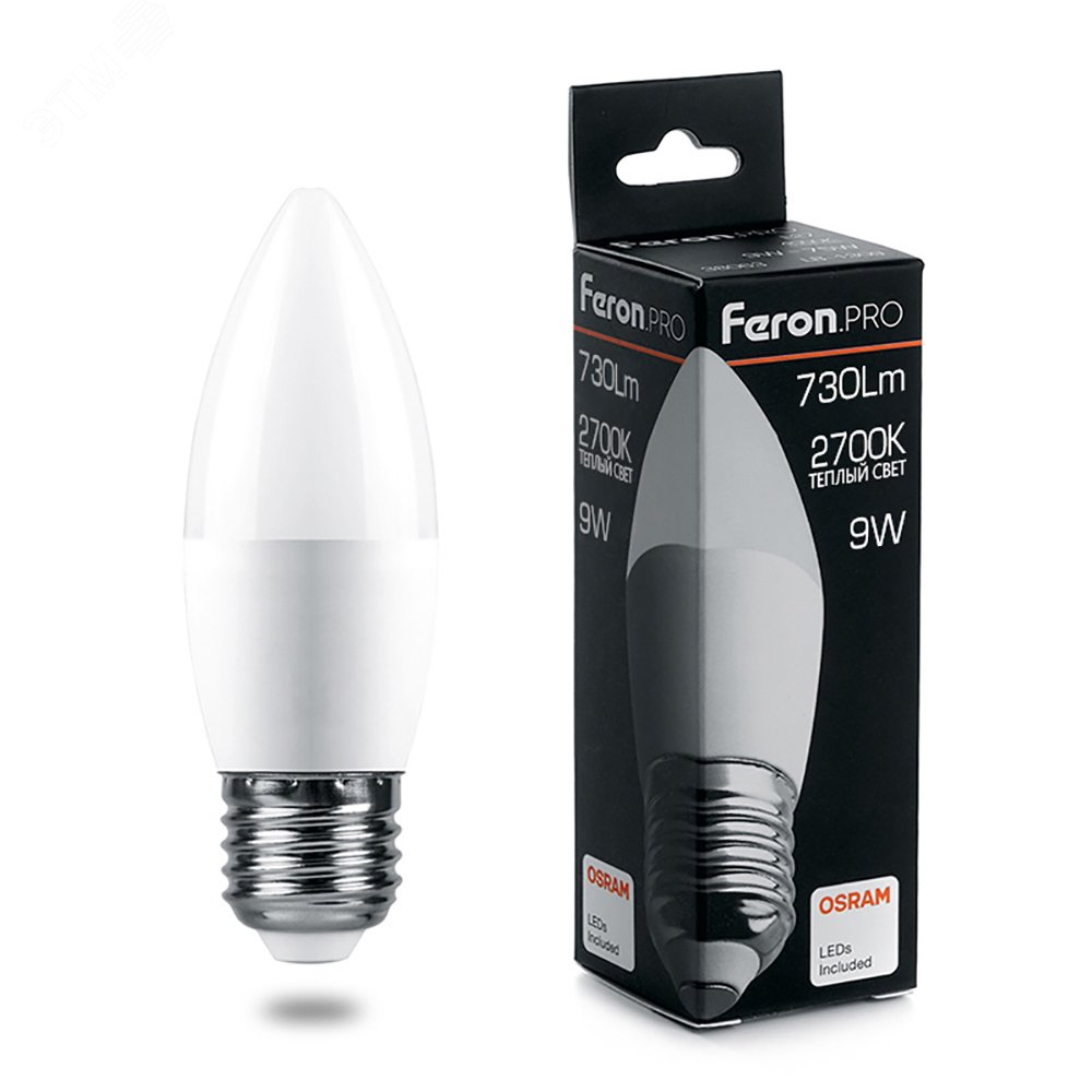 Лампа светодиодная LED 9вт Е27 теплый матовая свеча Feron.PRO 38062 - Feron