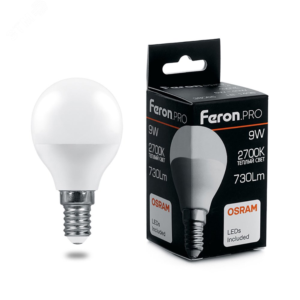Лампа светодиодная LED 9вт Е14 теплый матовый шар Feron.PRO 38077 - Feron