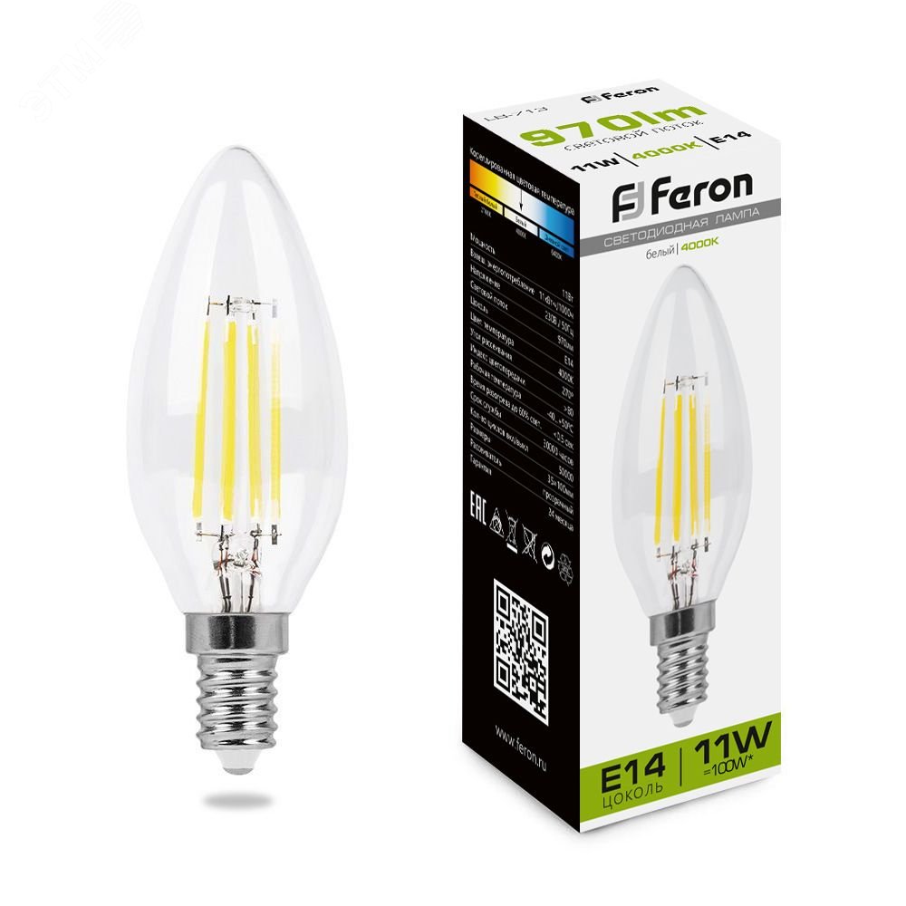 Лампа светодиодная LED 11вт Е14 белый свеча FILAMENT 38008 - Feron