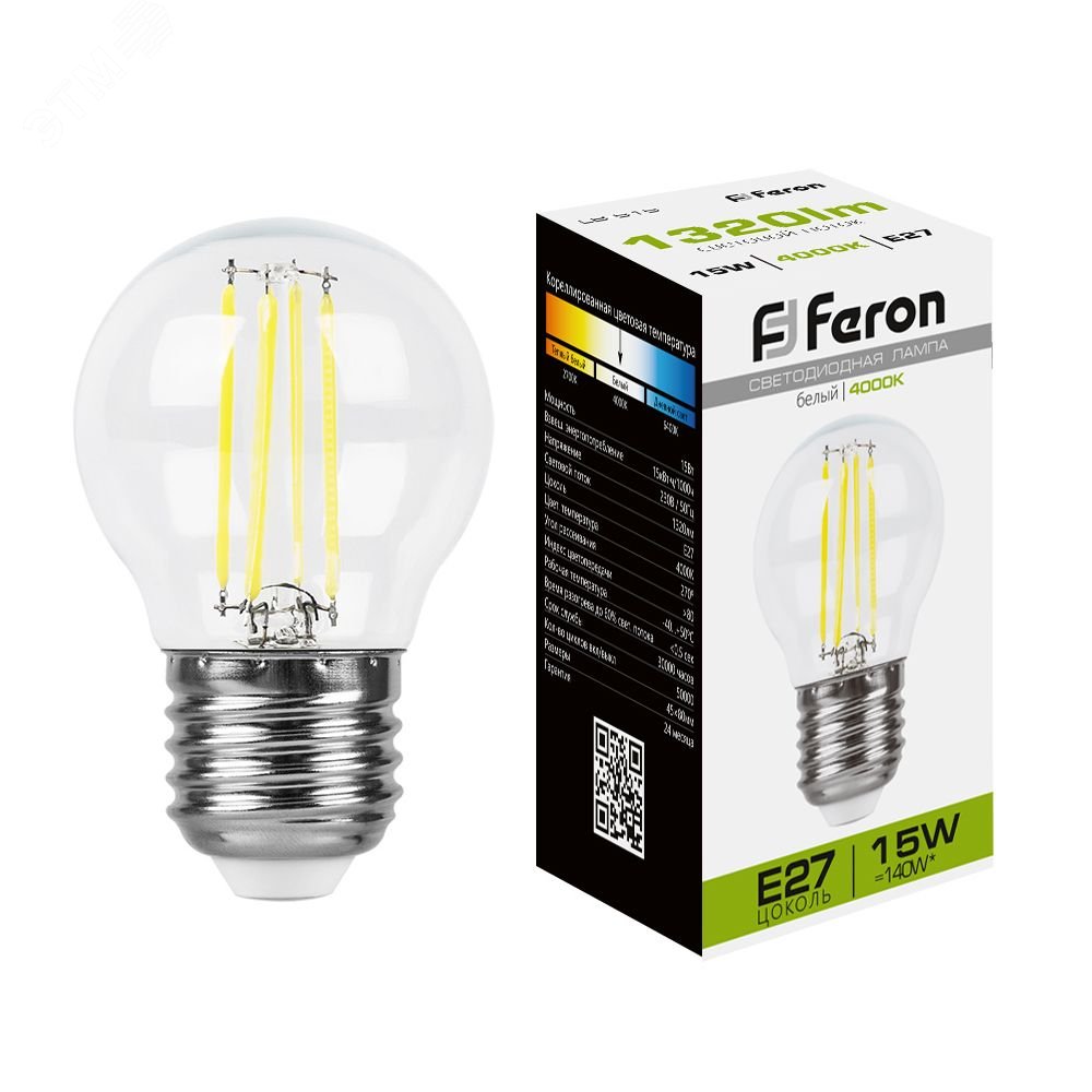 Лампа светодиодная LED 15вт Е27 белый шар FILAMENT 38253 - Feron