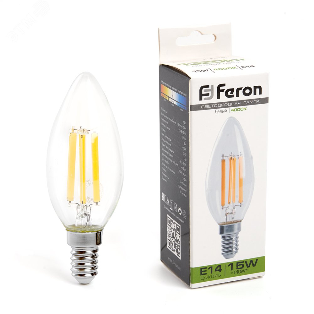 Лампа светодиодная LED 15вт Е14 белый свеча FILAMENT 38258 - Feron