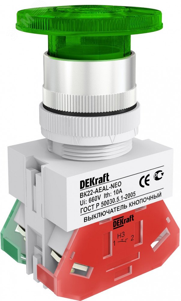 Dekraft Выключатель кноп. грибок с фикс. AEAL D22 ЗЕЛЕНЫЙ ВК-22 (NEO) - DEKraft