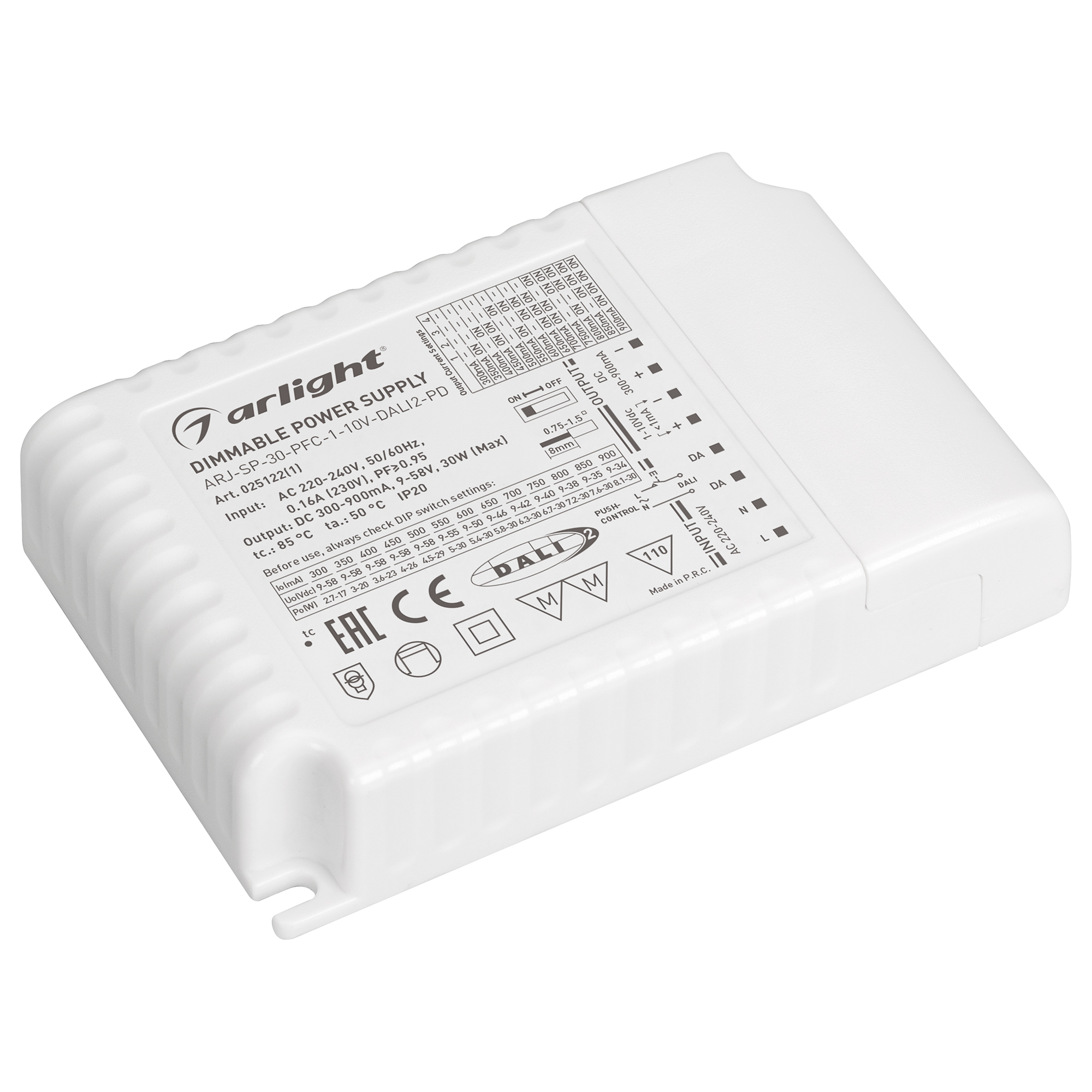 Блок питания ARJ-SP-30-PFC-1-10V-DALI2-PD (30W, 18-90V, 0.2-0.55A) 036286 - Arlight