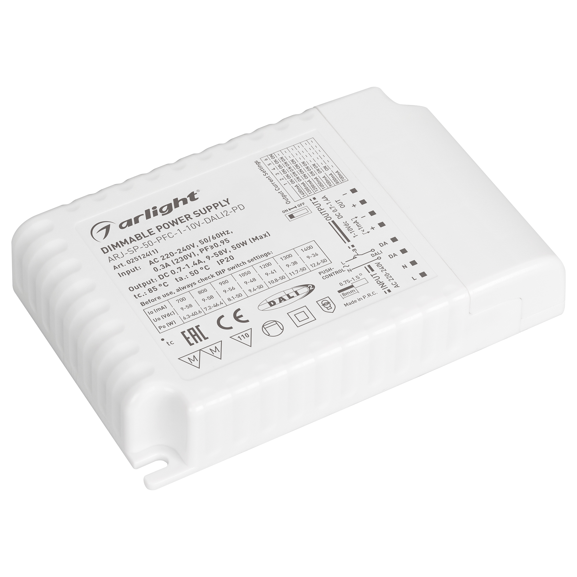 Блок питания ARJ-SP-50-PFC-1-10V-DALI2-PD (50W, 700-1400mA) 025124(1) - Arlight