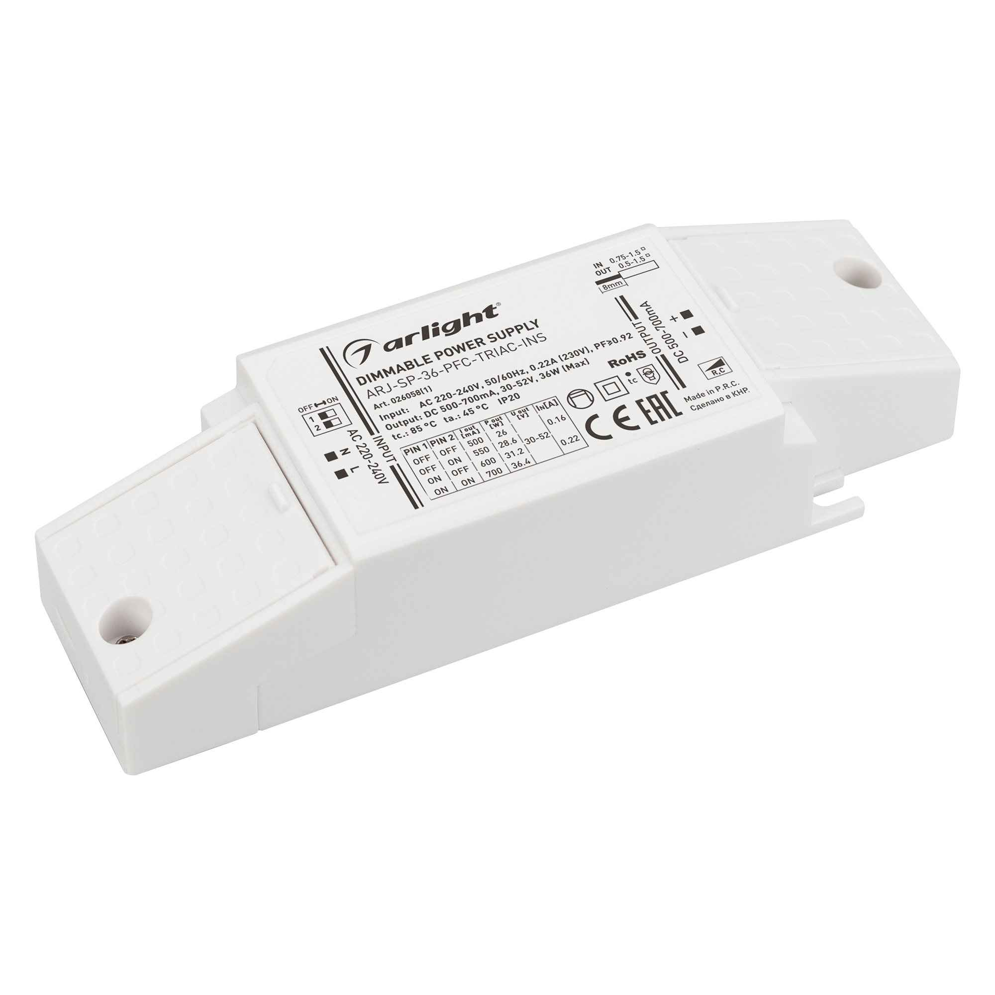 Блок питания ARJ-SP-36-PFC-TRIAC-INS (36W, 30-52V, 0.5-0.7A) 026058(1) - Arlight
