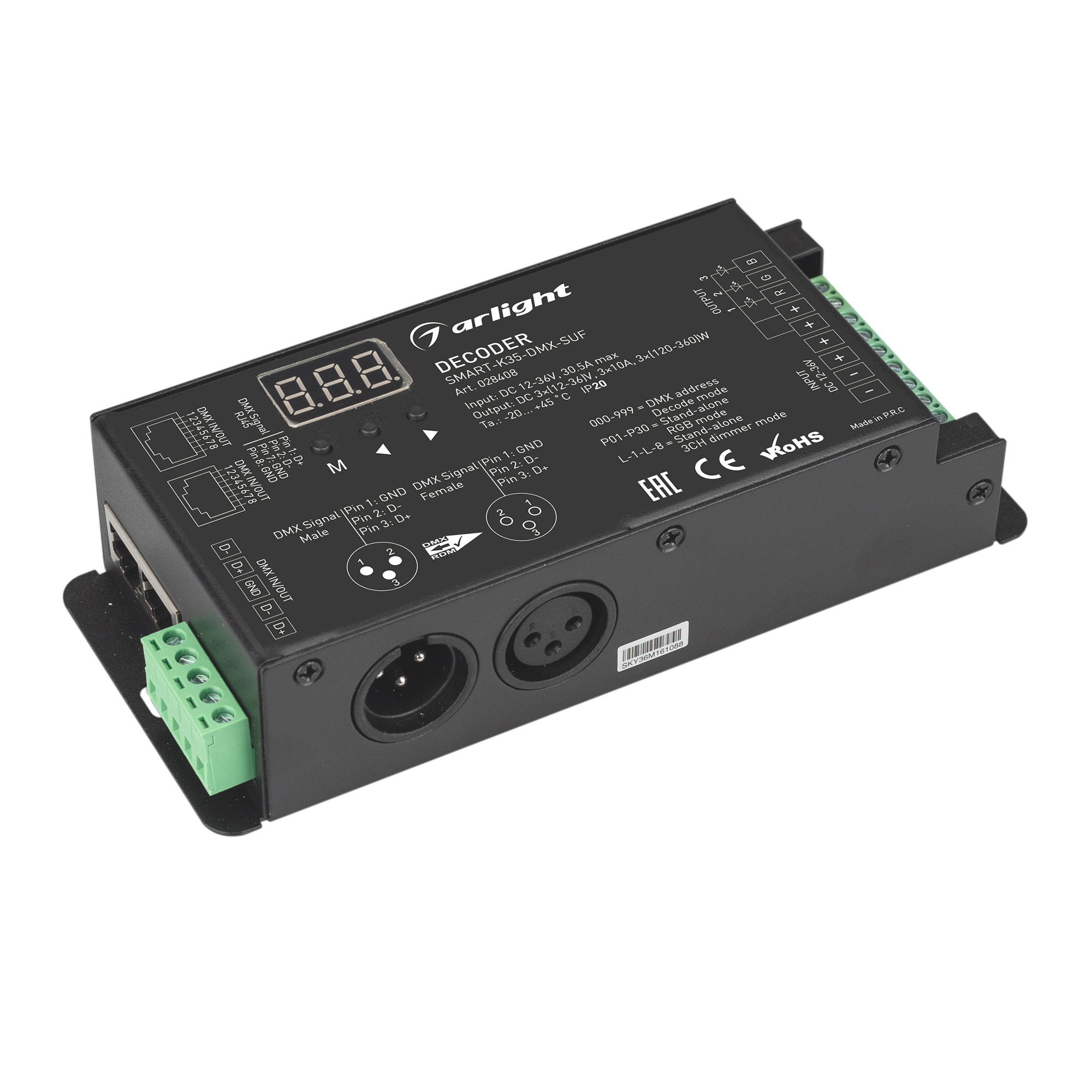 Декодер SMART-K35-DMX-SUF (12-36V, 3x10A, XLR3) 028408 - Arlight