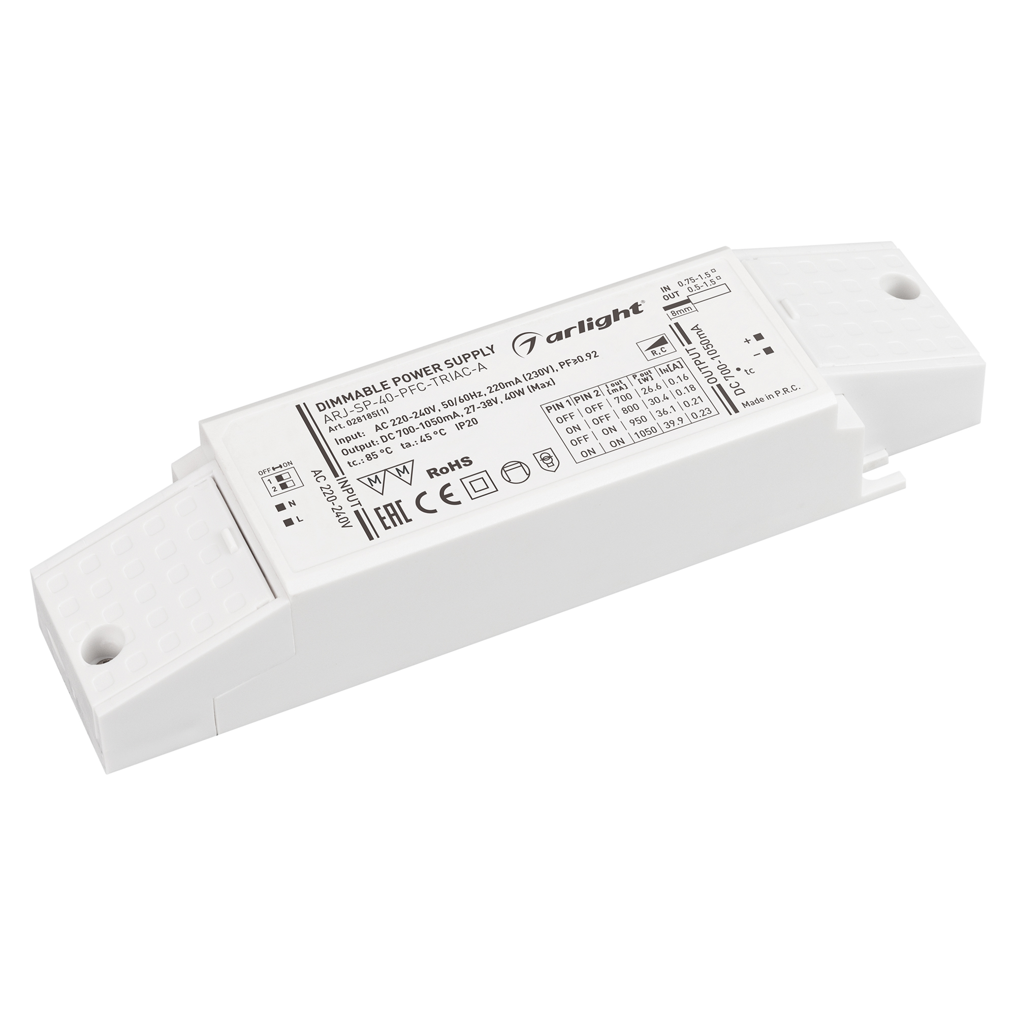 Блок питания ARJ-SP-40-PFC-TRIAC-INS (40W, 27-38V, 0.7-1.05A) 028185(1) - Arlight
