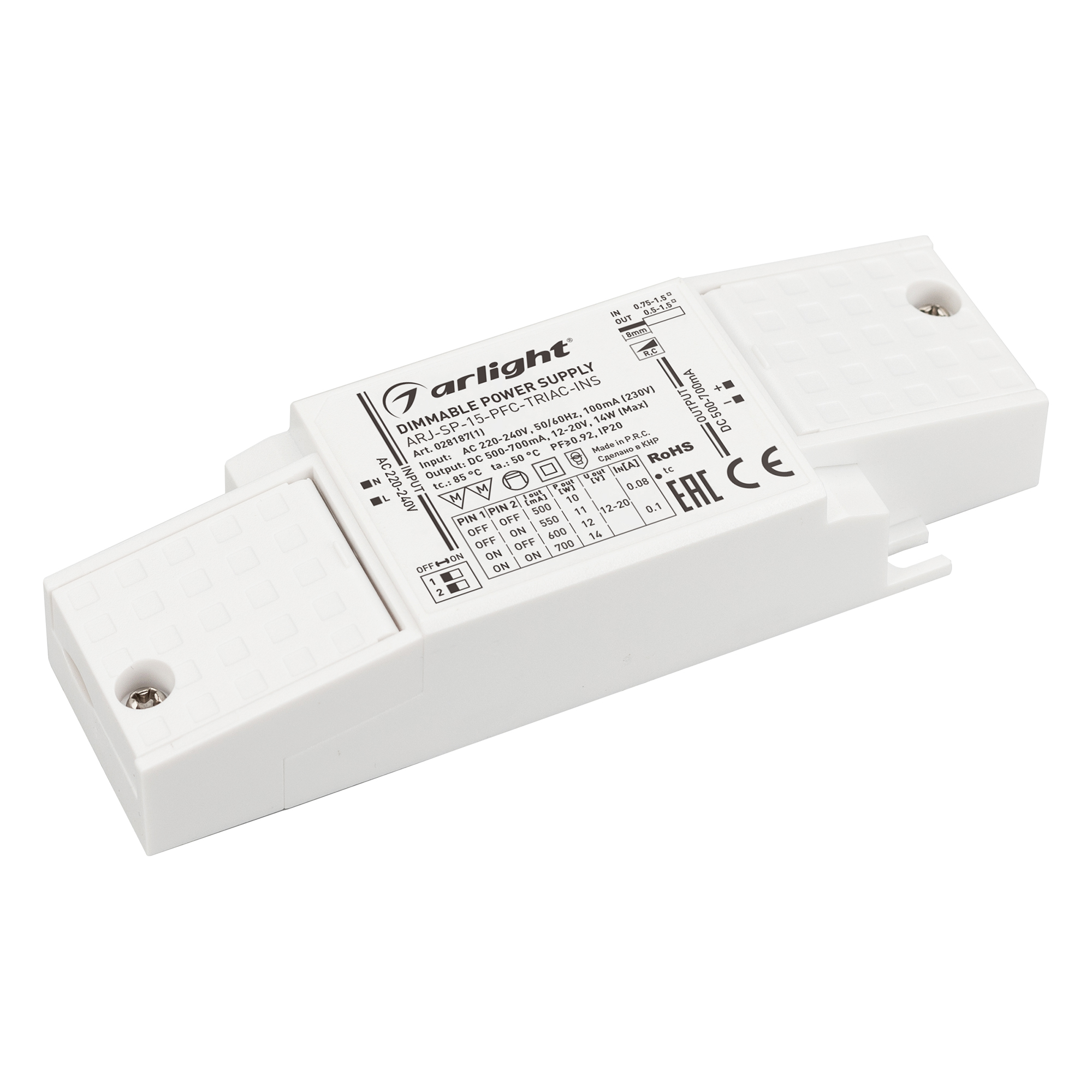 Блок питания ARJ-SP-15-PFC-TRIAC-INS (14W, 12-20V, 0.5-0.7A) 028187(1) - Arlight