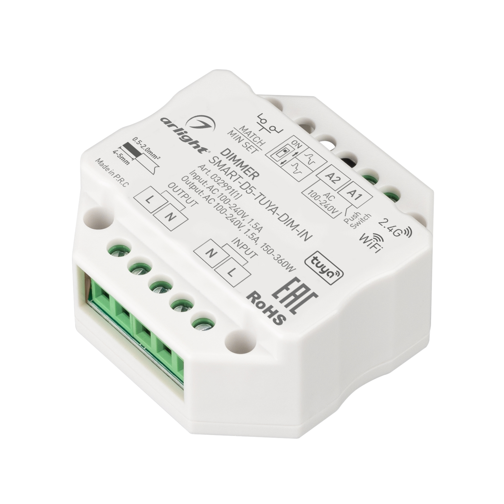 Диммер SMART-D5-TUYA-DIM-IN (230V, 1.5A, TRIAC, WiFi, 2.4G) 032991(1) - Arlight
