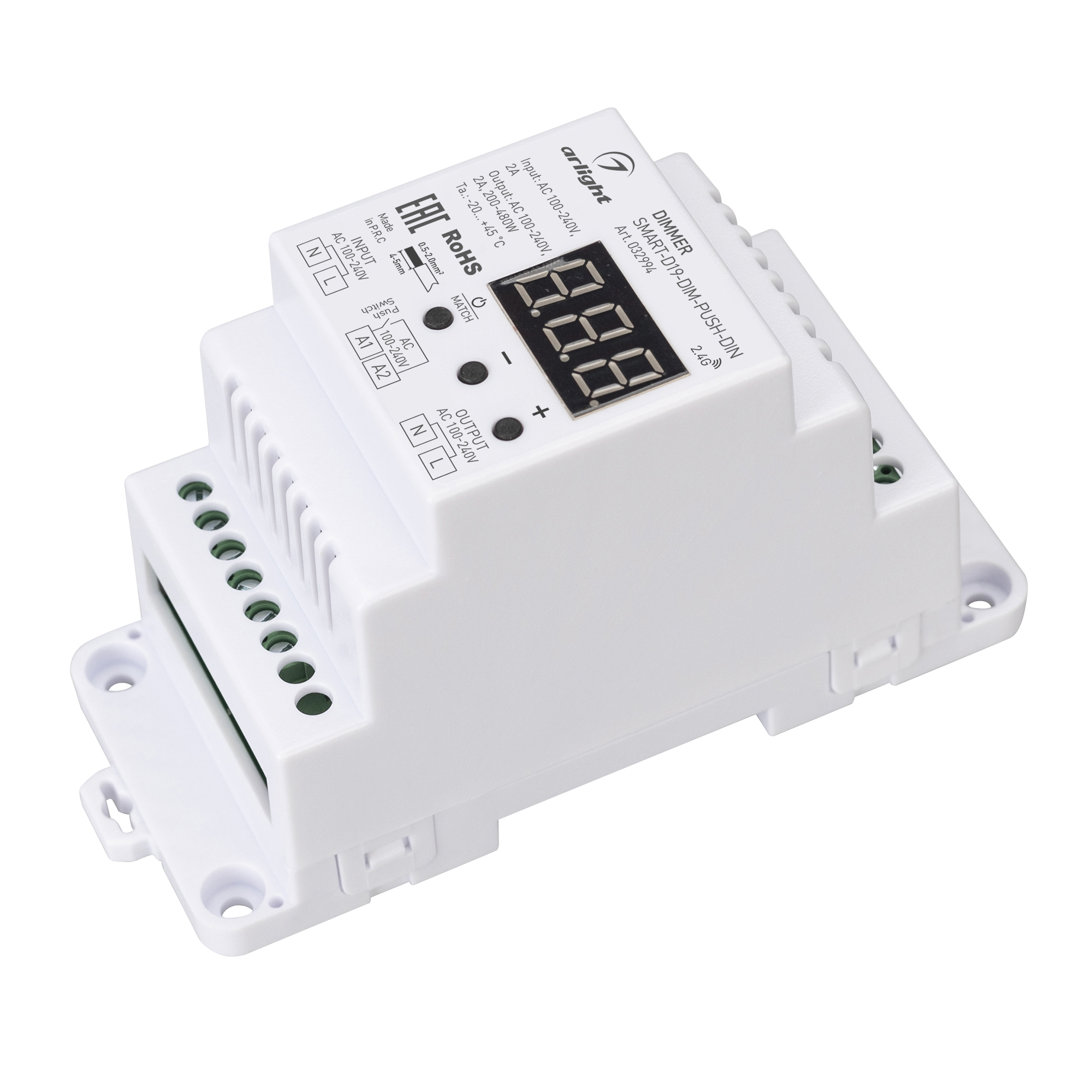 Диммер SMART-D19-DIM-PUSH-DIN (230V, 2A, TRIAC, 2.4G) 032994 - Arlight