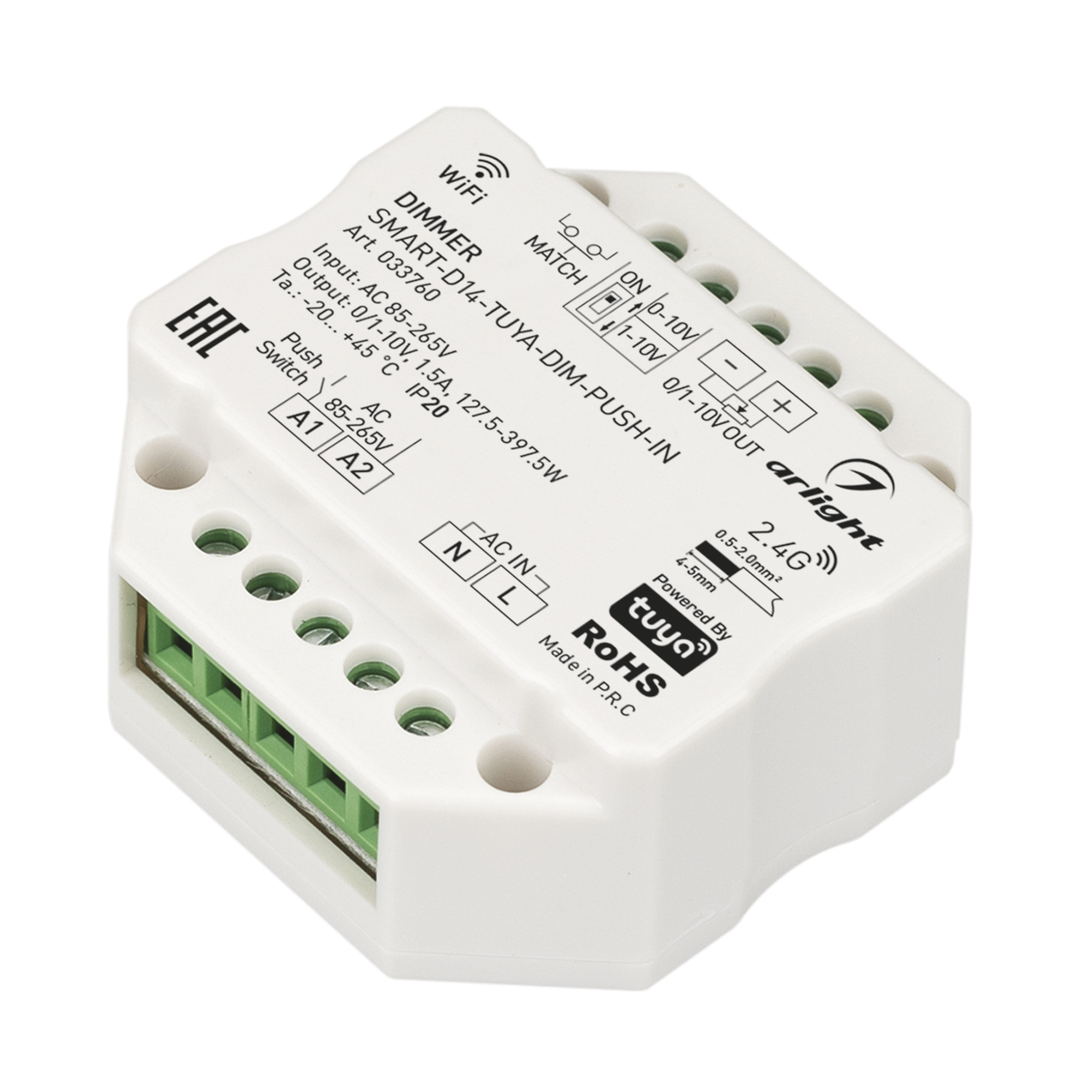 Диммер SMART-D14-TUYA-DIM-PUSH-IN (230V, 1.5A, 0/1-10V, 2.4G) 033760 - Arlight