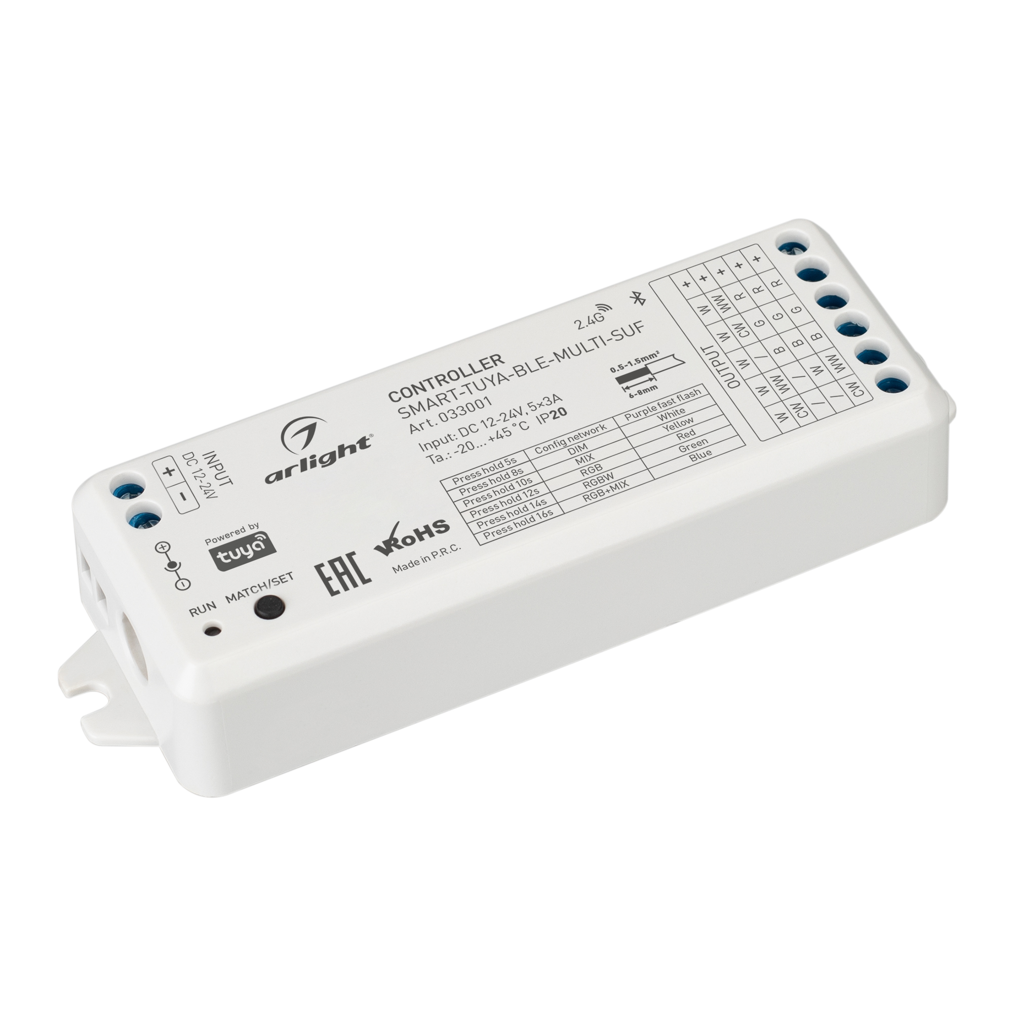 Контроллер SMART-TUYA-BLE-MULTI-SUF (12-24V, 5x3A, RGB-MIX, 2.4G) 033001 - Arlight