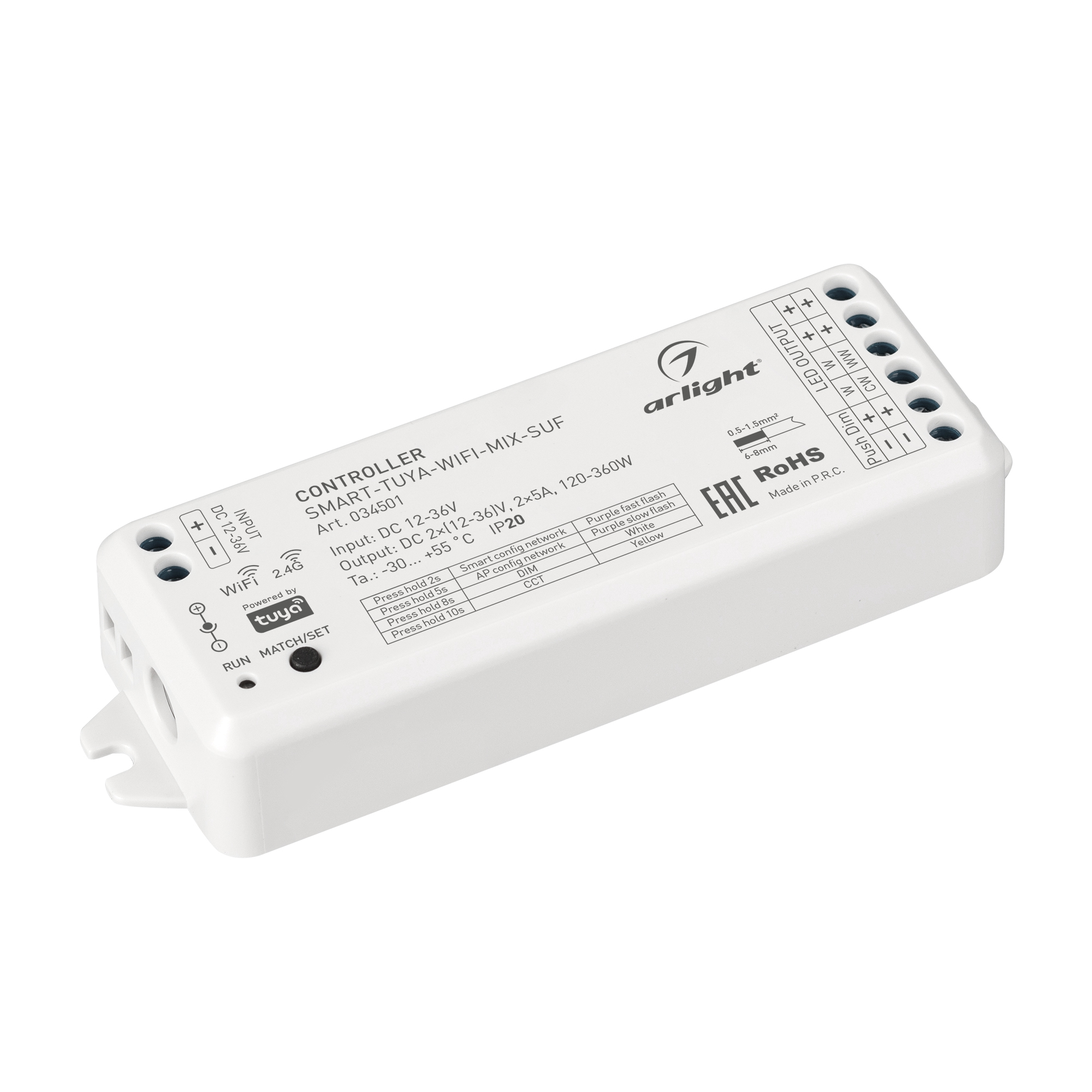 Контроллер SMART-TUYA-WIFI-MIX-SUF (12-36V, 2x5A, 2.4G) 034501 - Arlight