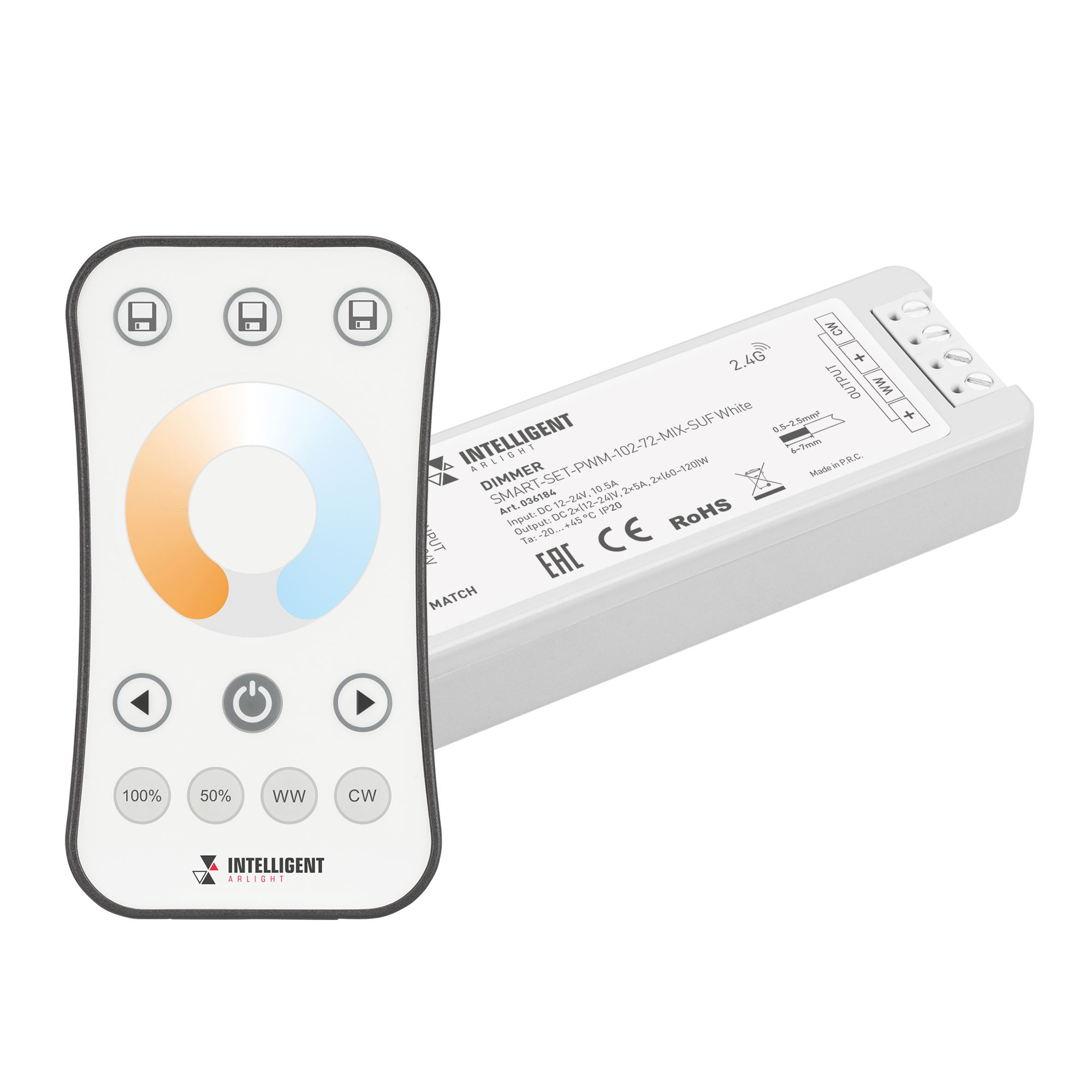 INTELLIGENT ARLIGHT Диммер SMART-SET-PWM-102-72-MIX-SUF White (12-24V, 2x5A, ПДУ RING 10кн, 2.4G) 036184 - Arlight