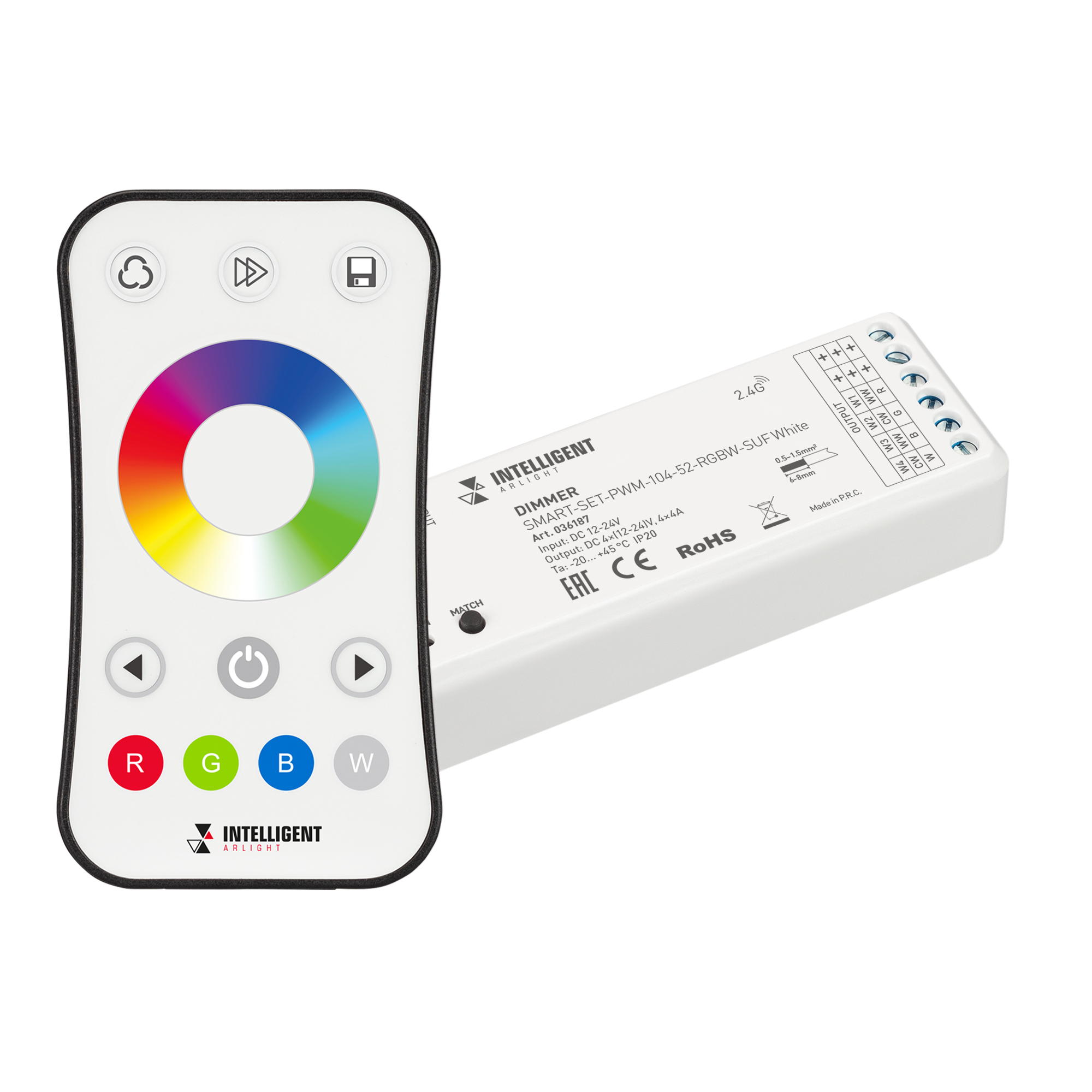 INTELLIGENT ARLIGHT Диммер SMART-SET-PWM-104-52-RGBW-SUF White (12-24V, 4x4A, ПДУ RING 10кн, 2.4G) 036187 - Arlight