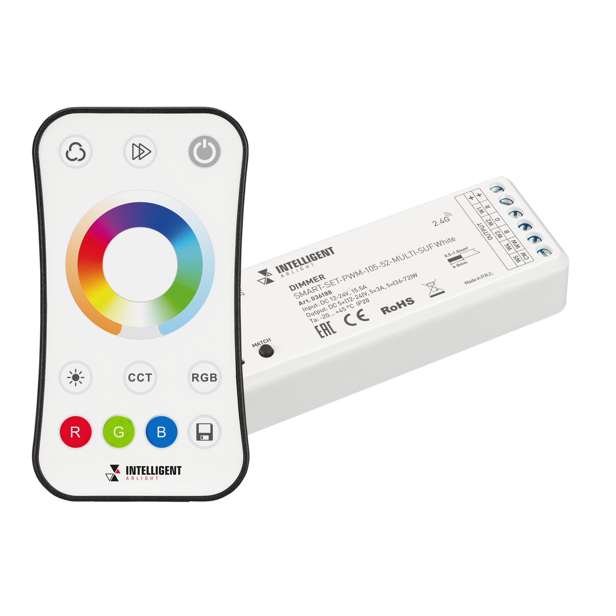 INTELLIGENT ARLIGHT Диммер SMART-SET-PWM-105-52-MULTI-SUF White (12-24V, 5x3A, ПДУ RING 10кн, 2.4G) 036188 - Arlight