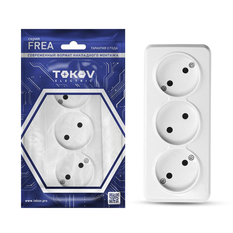 Розетка 3-м ОП Frea 16А IP20 250В без заземл. АБС-пластик бел. TKE-FR-R3-C01 - TOKOV ELECTRIC