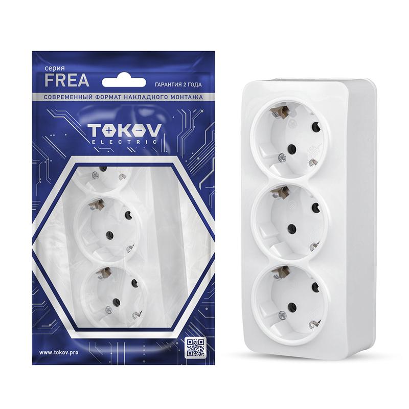 Розетка 3-м ОП Frea 16А IP20 250В с заземл. АБС-пластик бел. TKE-FR-R3Z-C01 - TOKOV ELECTRIC