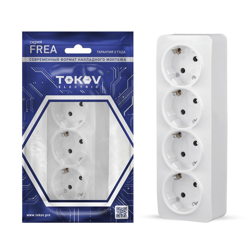 Розетка 4-м ОП Frea 16А IP20 250В с заземл. АБС-пластик бел. TKE-FR-R4Z-C01 - TOKOV ELECTRIC