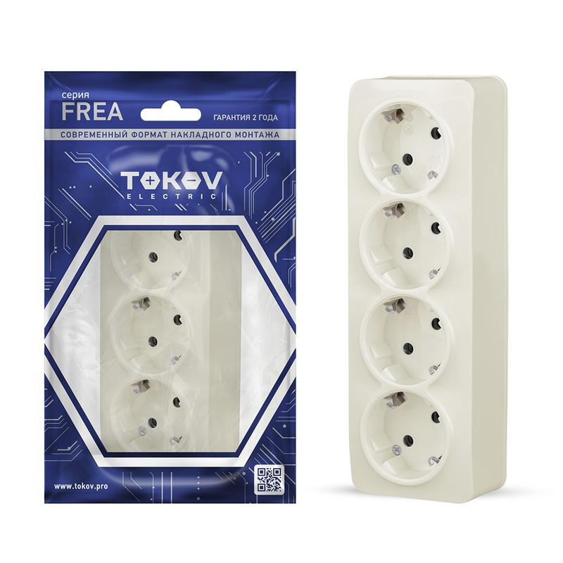 Розетка 4-м ОП Frea 16А IP20 250В с заземл. АБС-пластик беж. TKE-FR-R4Z-C02 - TOKOV ELECTRIC