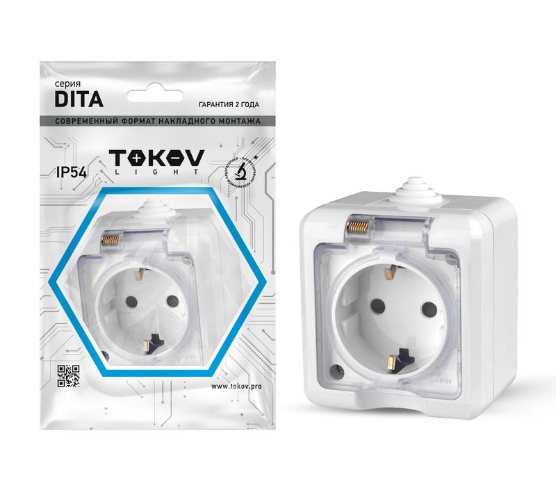 Розетка 1-м ОП Dita 16А IP54 250В с заземл. с прозр. крышкой бел. TKL-DT-R1Z-C01T-IP54 - TOKOV ELECTRIC