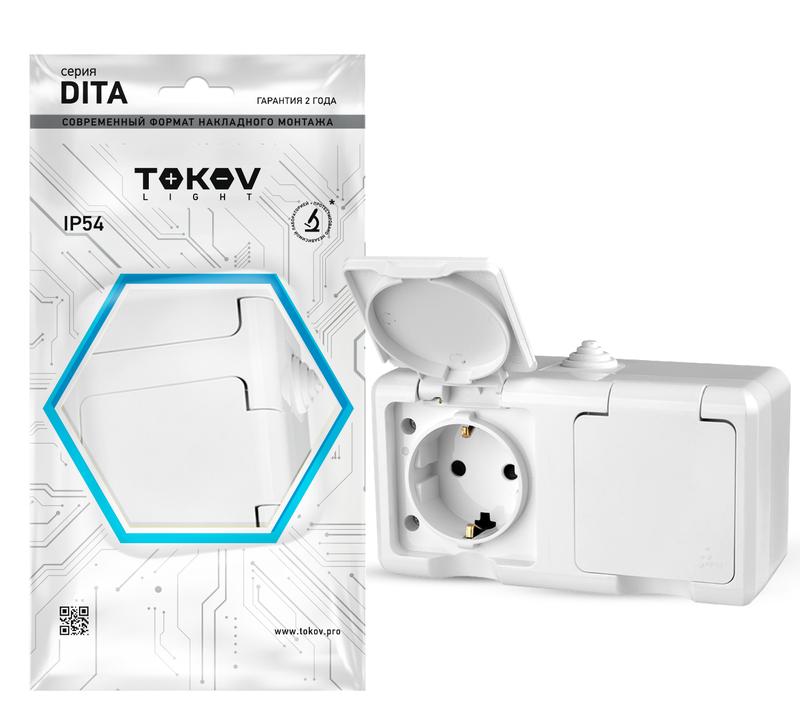 Розетка 2-м ОП Dita 16А IP54 250В с заземл. с крышкой бел. TKL-DT-R2Z-C01-IP54 - TOKOV ELECTRIC