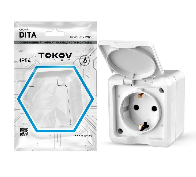 Розетка 1-м ОП Dita 16А IP54 250В с заземл. с крышкой бел. TKL-DT-R1Z-C01-IP54 - TOKOV ELECTRIC
