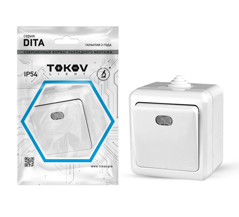 Выключатель 1-кл. ОП Dita IP54 10А 250В с индикацией бел. TKL-DT-V1I-C01-IP54 - TOKOV ELECTRIC