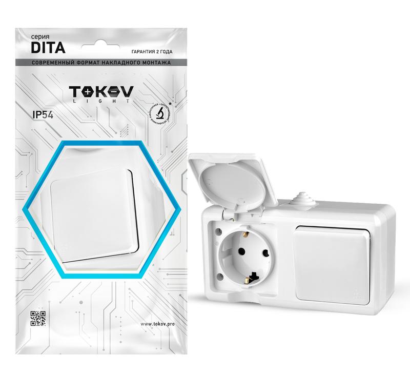 Блок ОП Dita (розетка 16А 250В с заземл. + 1-кл. выкл. 10А) IP54 бел. TKL-DT-V1RZ-C01-IP54 - TOKOV ELECTRIC