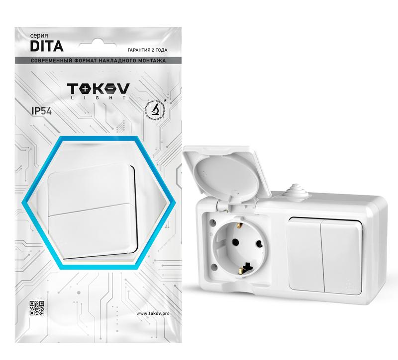 Блок ОП Dita (розетка 16А 250В с заземл. + 2-кл. выкл. 10А) IP54 бел. TKL-DT-V2RZ-C01-IP54 - TOKOV ELECTRIC