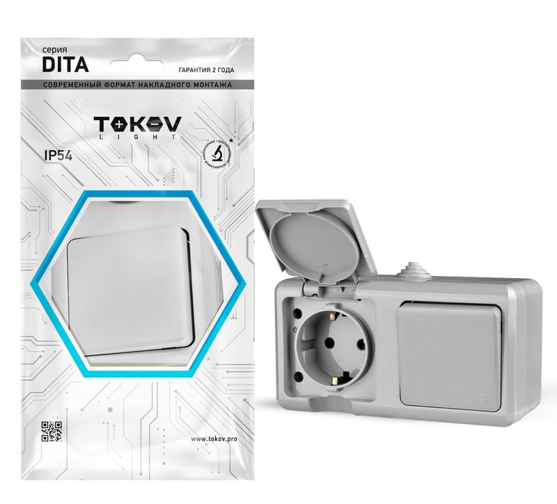 Блок ОП Dita (розетка 16А 250В с заземл. + 1-кл. выкл. 10А) IP54 сер. TKL-DT-V1RZ-C06-IP54 - TOKOV ELECTRIC