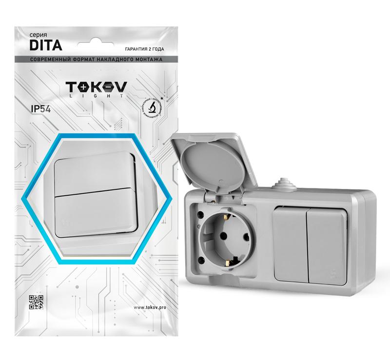 Блок ОП Dita (розетка 16А 250В с заземл. + 2-кл. выкл. 10А) IP54 сер. TKL-DT-V2RZ-C06-IP54 - TOKOV ELECTRIC